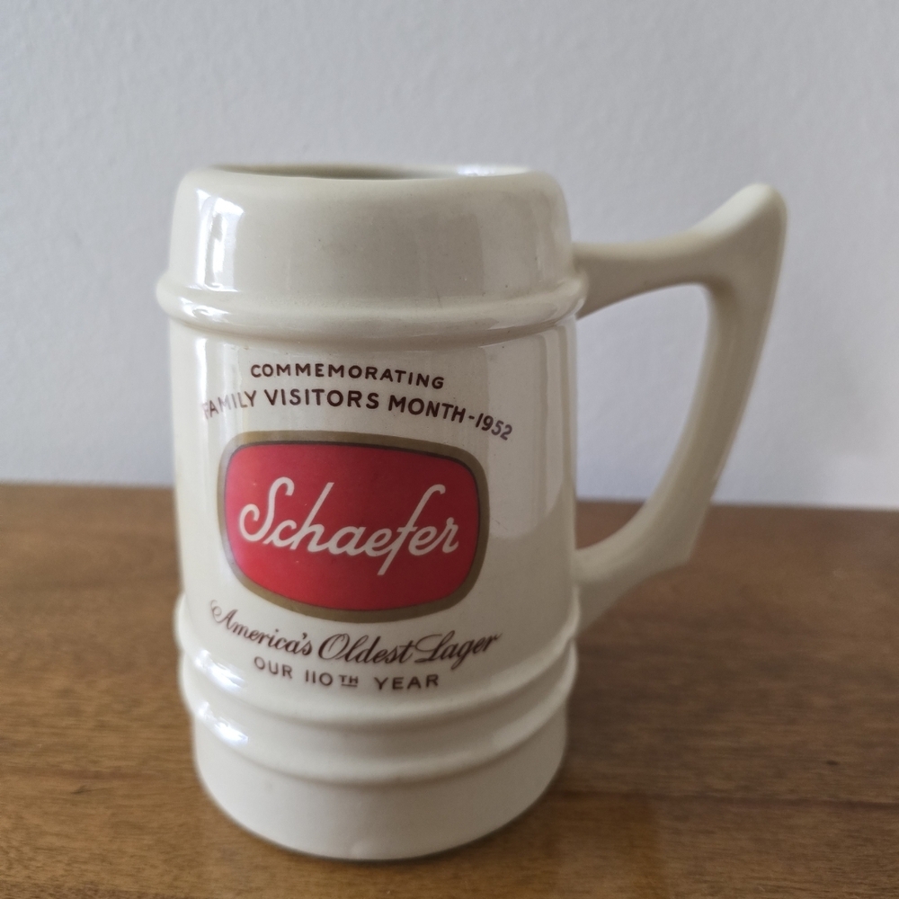 Vintage 1952 Schaefer Cream and Red Ceramic Beer Mug